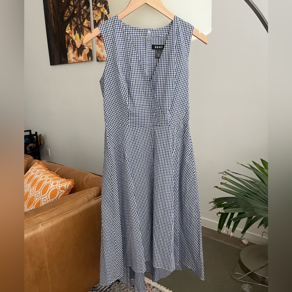 DKNY Cotton Gingham Print High Low Fit and Flare Midi Dress